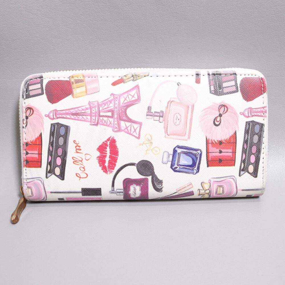 Paris Clutch Wallet OS Accordion Eifel LIpstick Powderpuff Credit Coins Zip